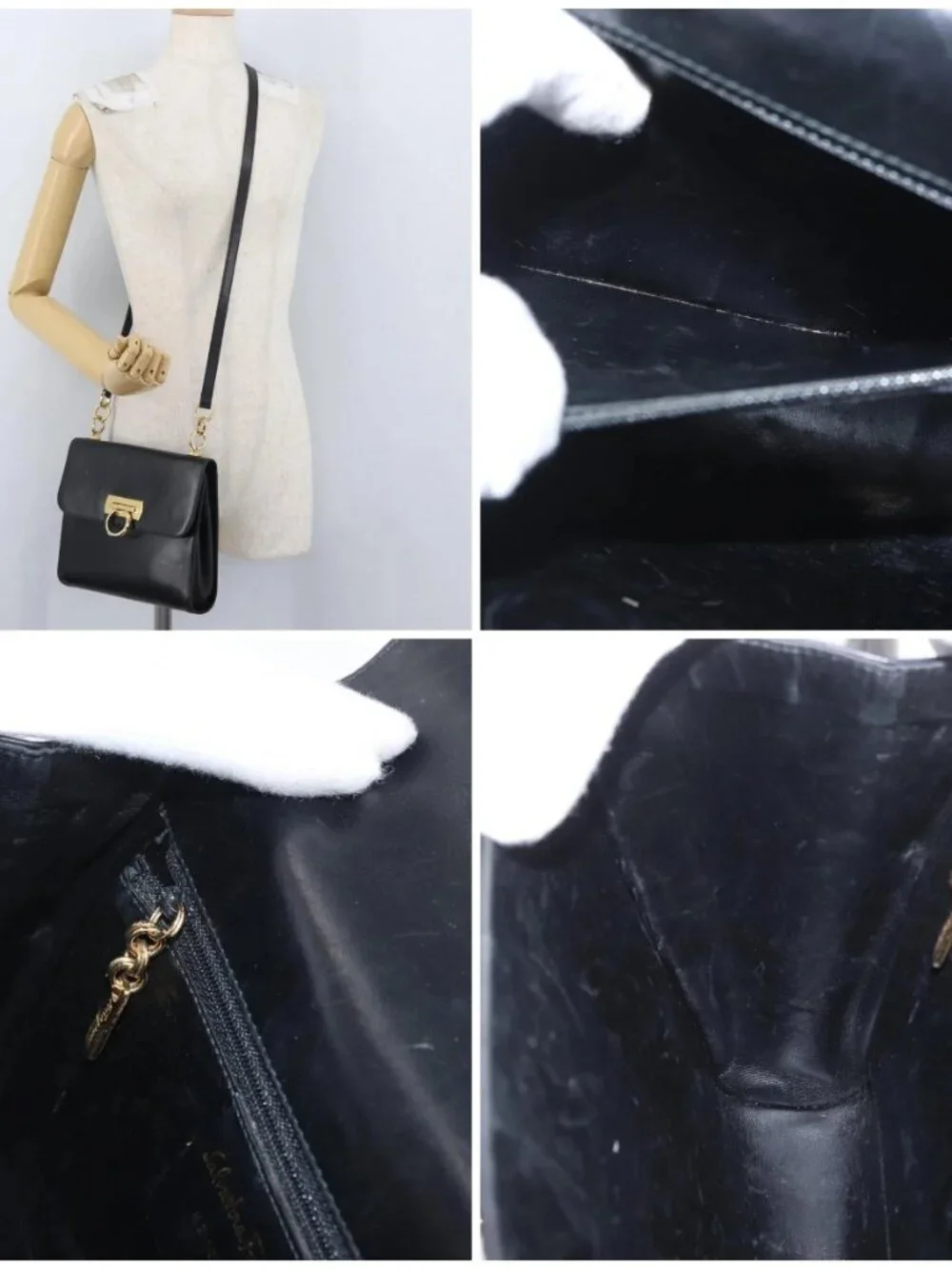 Salvatore Ferragamo Gancini Shoulder Bag Leather Black Gold Auth LNZ598